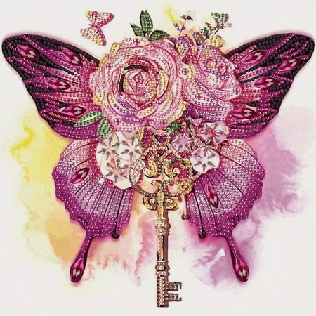 a diamond painting of a butterfly holding a key and flowers