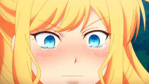 a close up of a blonde anime girl with blue eyes making a surprised face