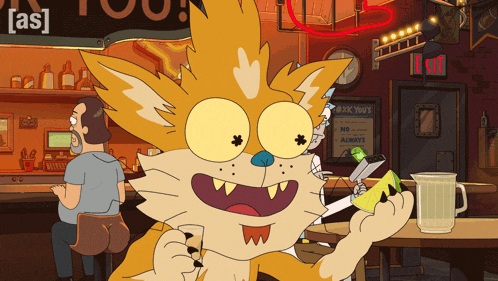 a cartoon cat is holding a cucumber in front of a sign that says rick 's