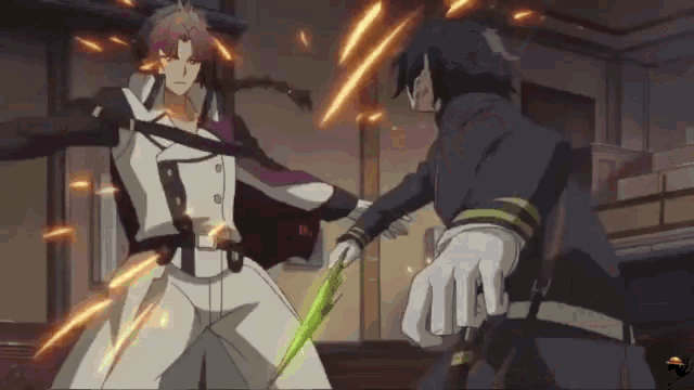two anime characters are fighting with their swords in a room