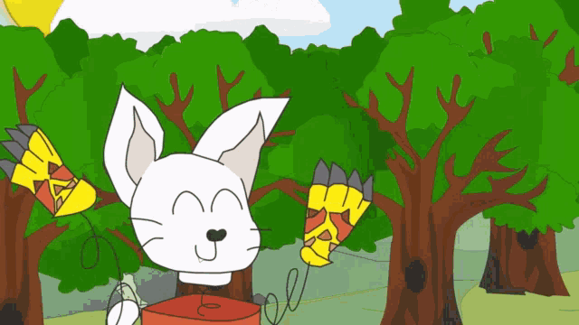 a cartoon of a white rabbit with yellow gloves