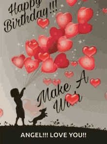 a happy birthday card with a boy holding a bunch of balloons in the shape of hearts .