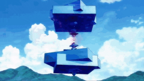 a blue cube is floating in the air with a mountain in the background
