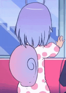 a girl with purple hair and a pink snail on her back