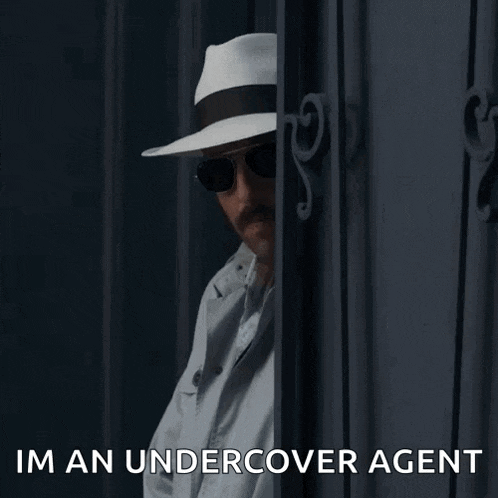a man wearing a hat and sunglasses is peeking out from behind a door and says " im an undercover agent "