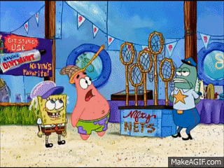 a cartoon of spongebob and patrick standing next to a sign that says nets