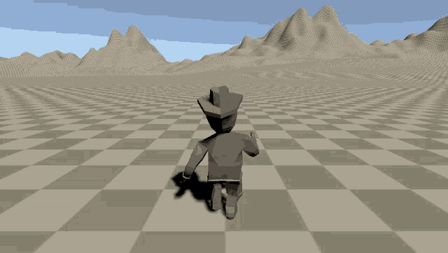 a cowboy is walking on a checkered floor