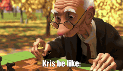 a cartoon of an old man playing chess with kris be like written below him