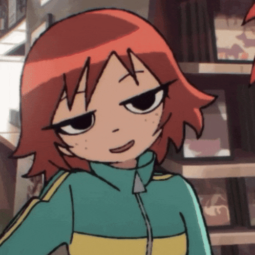 a close up of a cartoon character with red hair and a green jacket