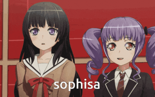 two anime girls are standing next to each other with the word sophisa in the corner