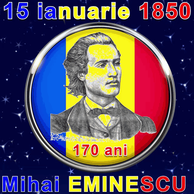 a picture of mihai eminescu is on a blue background