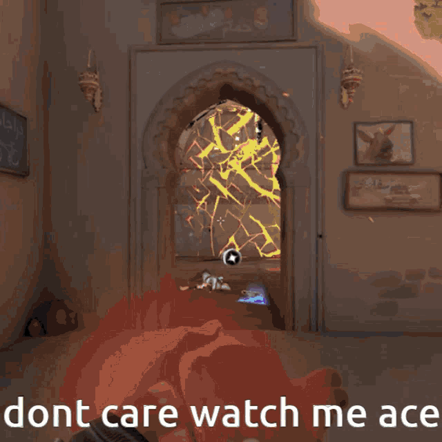 a video game scene with the words dont care watch me ace on the bottom