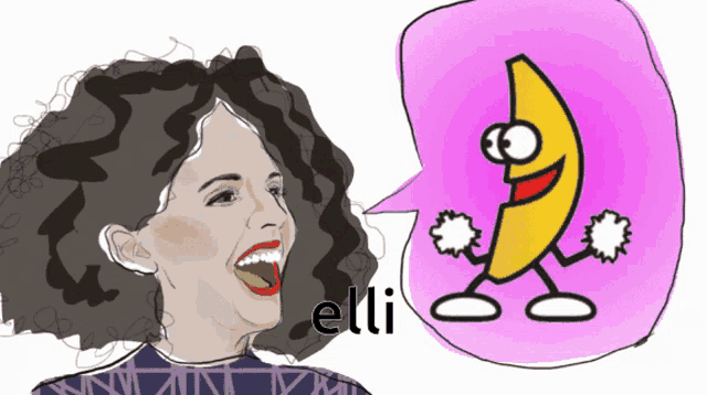 a cartoon drawing of a woman and a banana with the word elli written on it