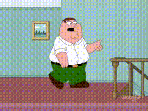 peter griffin from family guy is walking down stairs and pointing