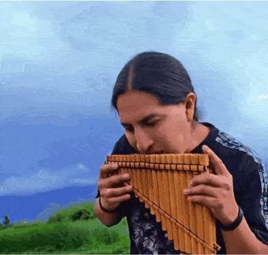 a man with long hair is playing a wooden musical instrument