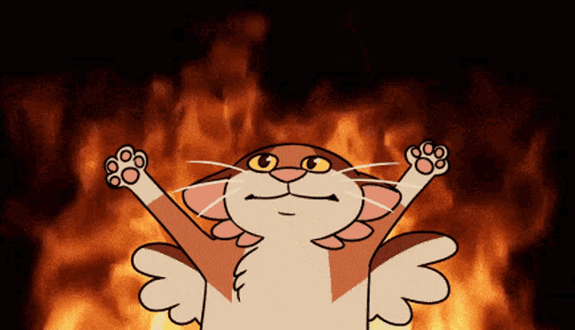 a cartoon cat with wings is standing in front of flames