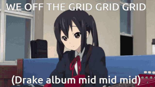 a picture of a girl playing a guitar with the words we off the grid grid grid