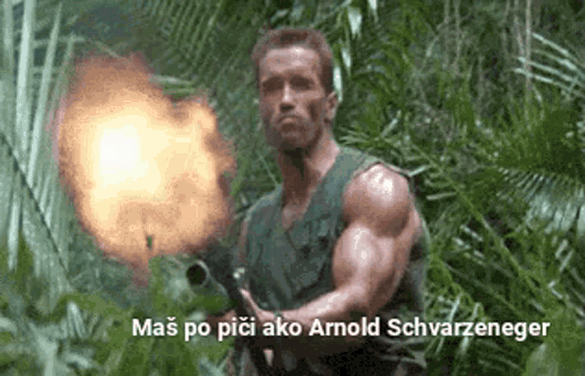 arnold schwarzenegger is holding a gun in the jungle and says `` mas po pici ako arnold schwarzeneger '' .