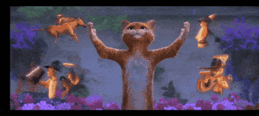 a cat with its arms outstretched is surrounded by purple flowers and horses
