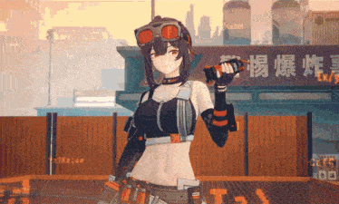 a girl is holding a gun in front of a sign that says ' lx ' on it
