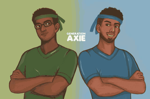 two men are standing next to each other with the words generation axie behind them