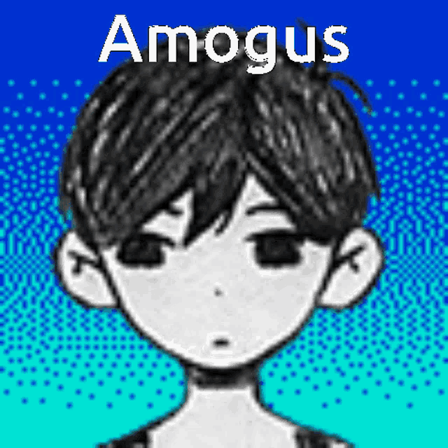 a black and white drawing of a boy with the name amongus written above him .