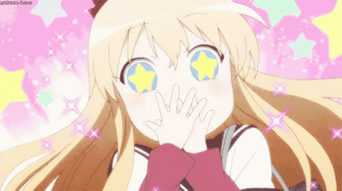 a blonde anime girl with a star in her eyes covering her mouth