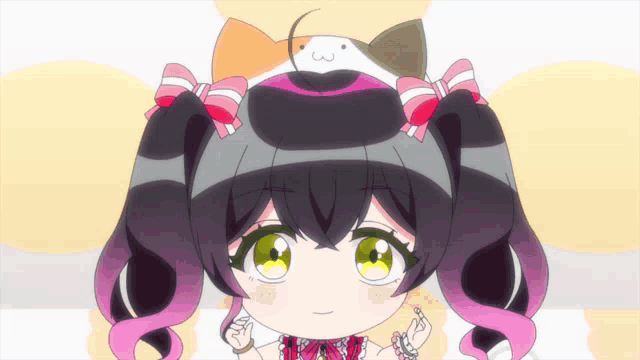 a cartoon drawing of a girl with a cat on top of her head