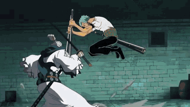 a man in a white shirt is holding a sword while another man holds a sword