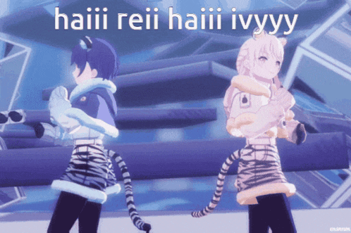 a couple of anime characters are standing next to each other with the text haiii reii haiii ivyyy