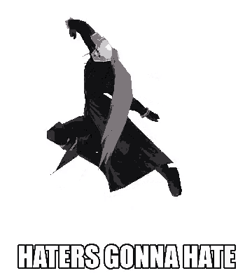 a video game character is jumping in the air with the words `` haters gonna hate '' written below him .