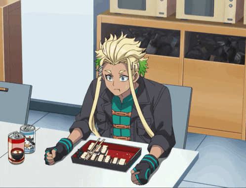 a cartoon character is sitting at a table with a tray of food and two cans of soda