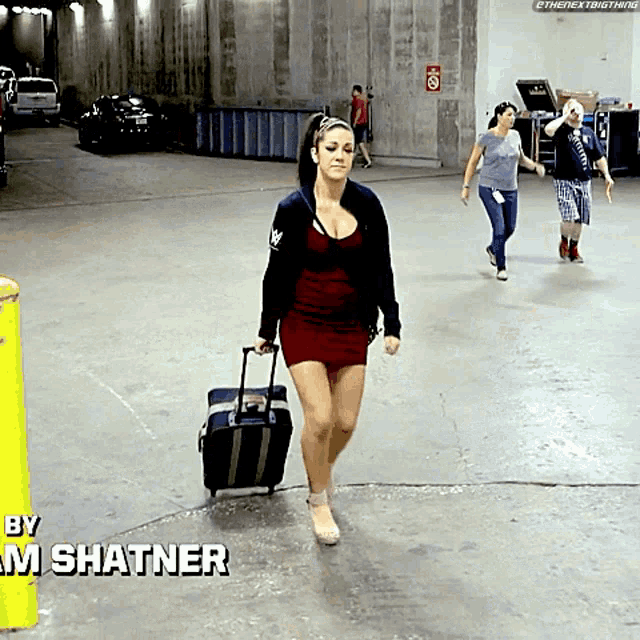 a woman in a red dress is pulling a suitcase with the name sham shatner on the bottom right