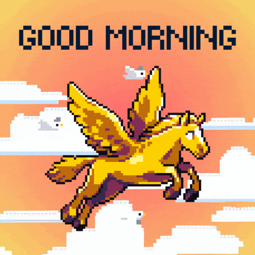 a pixel art illustration of a pegasus with the words good morning