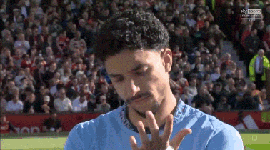 a man in a blue shirt stands on a soccer field in front of a crowd and a sky sports logo