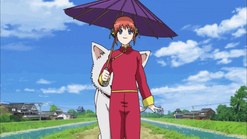 a girl in a red outfit holding a purple umbrella stands next to a white dog
