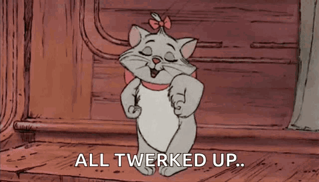 a cartoon cat says all twerked up on the screen