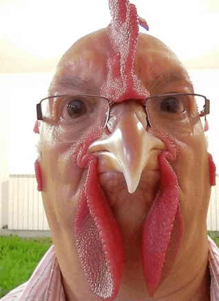 a man wearing glasses and a fake chicken head