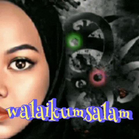 a close up of a woman 's face with the words " valaikumsalam " on the bottom right