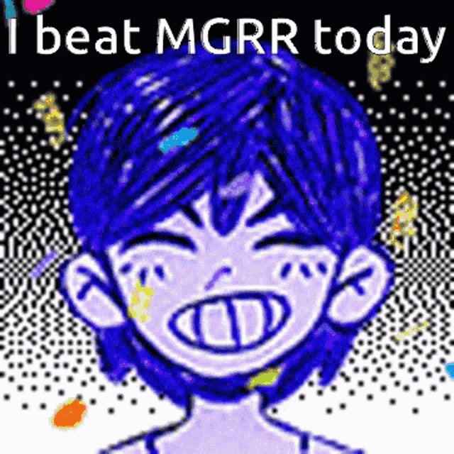 a cartoon of a boy with blue hair is smiling and says i beat mgrr today