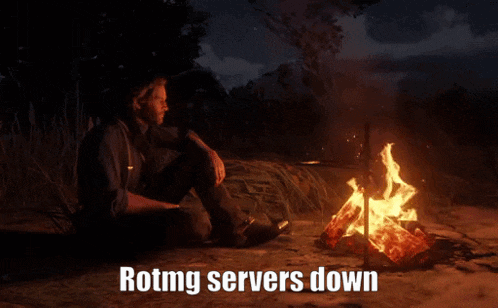a man sits in front of a fire with the words " rotmg servers down " below him