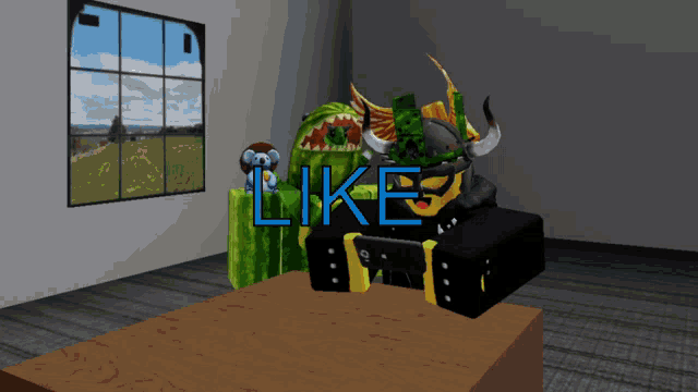 a computer generated image of a room with the word like written in blue