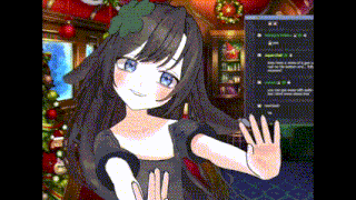 a girl with long black hair and blue eyes is standing in front of a christmas tree and waving at the camera .
