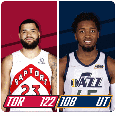 two basketball players one from the raptors and the other from the utah jazz