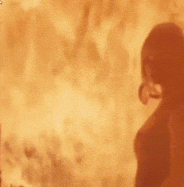 a woman standing in front of a wall of fire