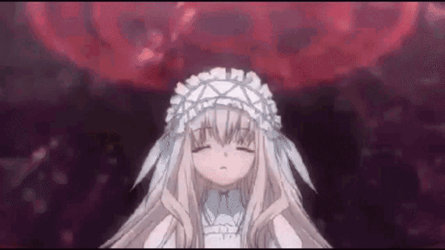 a girl with long white hair is wearing a white maid hat and a white dress .