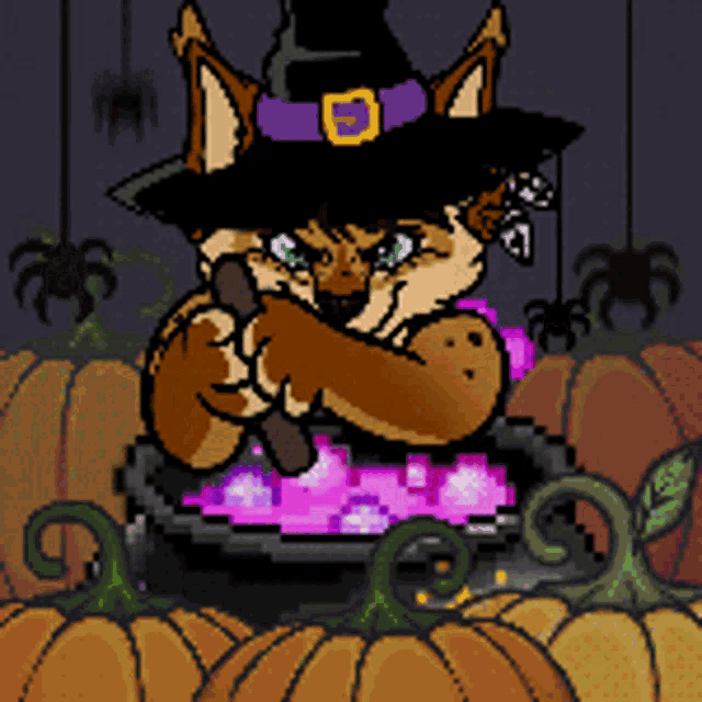 a pixel art of a cat in a witch hat sitting in a cauldron surrounded by pumpkins