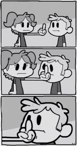 a black and white cartoon of a boy and a girl making a peace sign