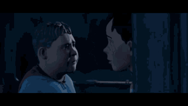 two cartoon characters looking at each other in the dark