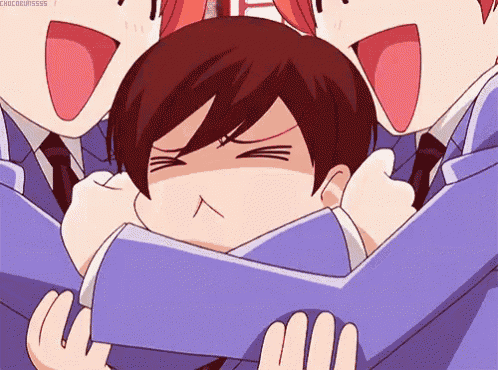 a group of anime characters are hugging each other and one of them has his eyes closed